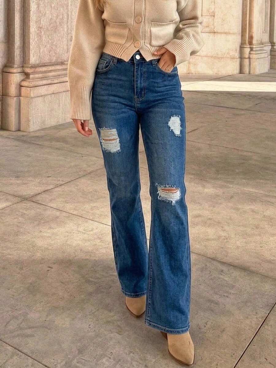 Women's Minimalist Distressed Stretch Flare Leg Denim Jeans - Dark Wash - View 1