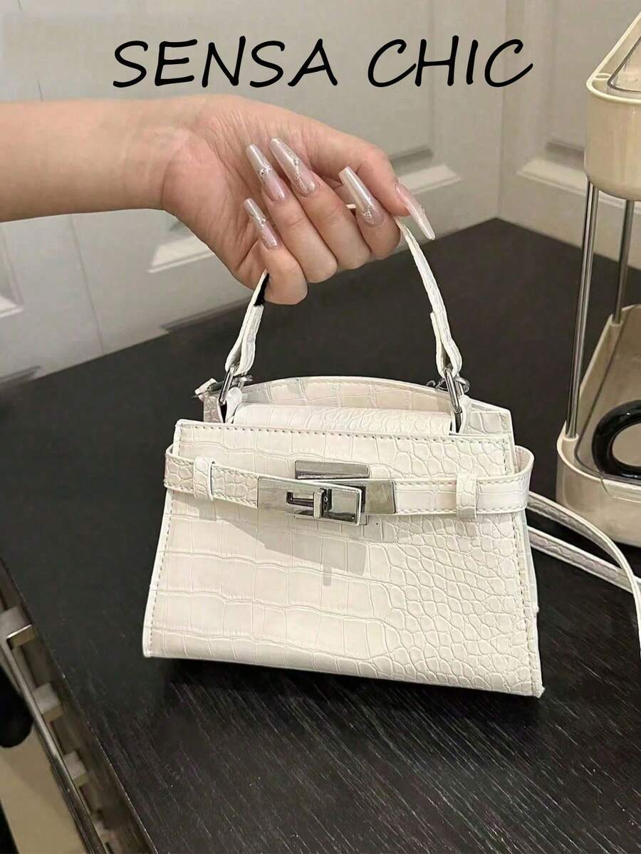 白色鱷魚壓紋女款手提包,結構感頂部手柄包,配金屬扣飾與可調節肩帶,優雅日常隨身包 - 白色 - 查看 1