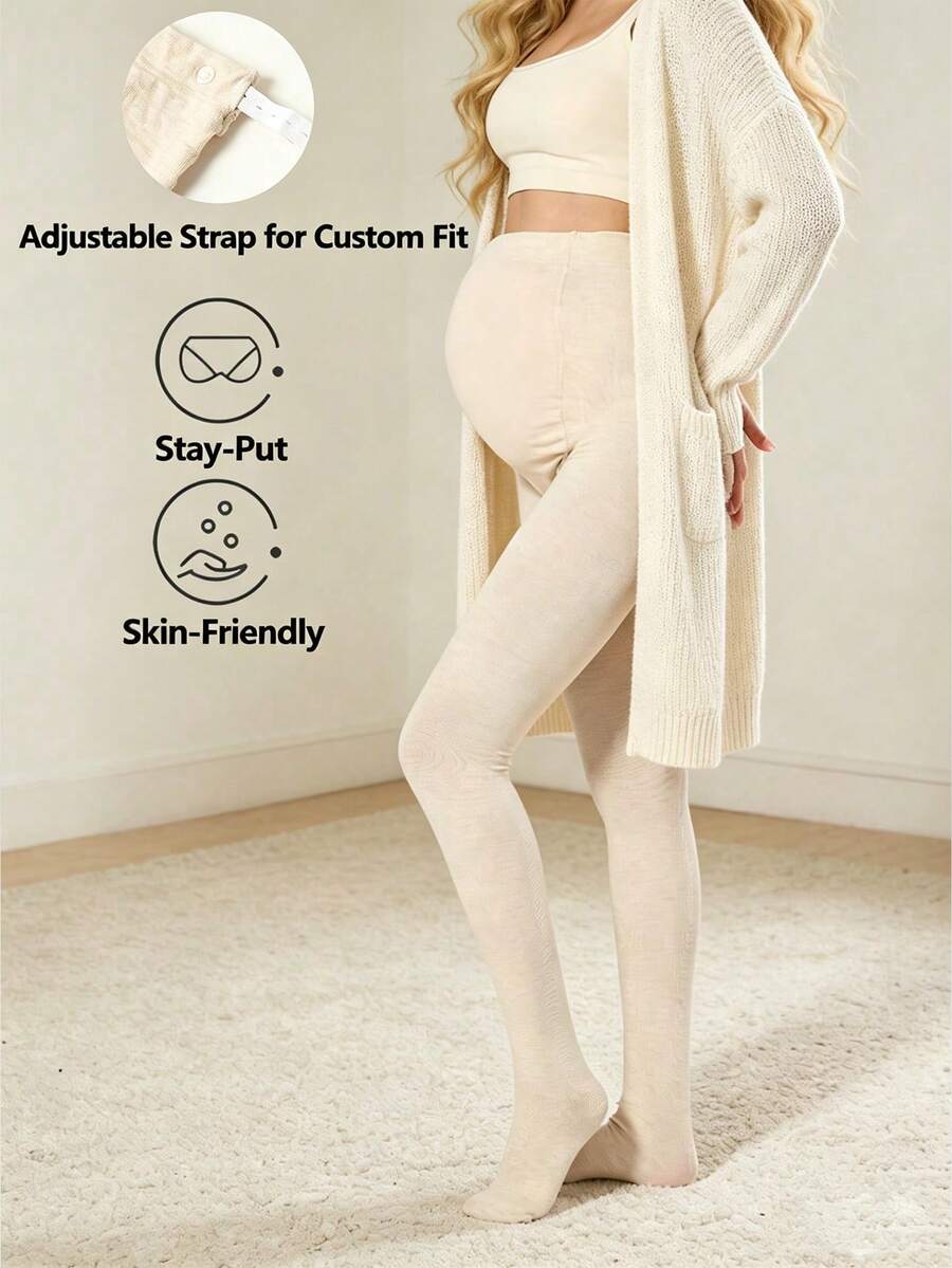 1 PC Women's Cream White High-Waisted Maternity Pantyhose, Minimalist Style Medium-Thickness Cotton Leggings For Spring & Autumn - Multicolor - View 1