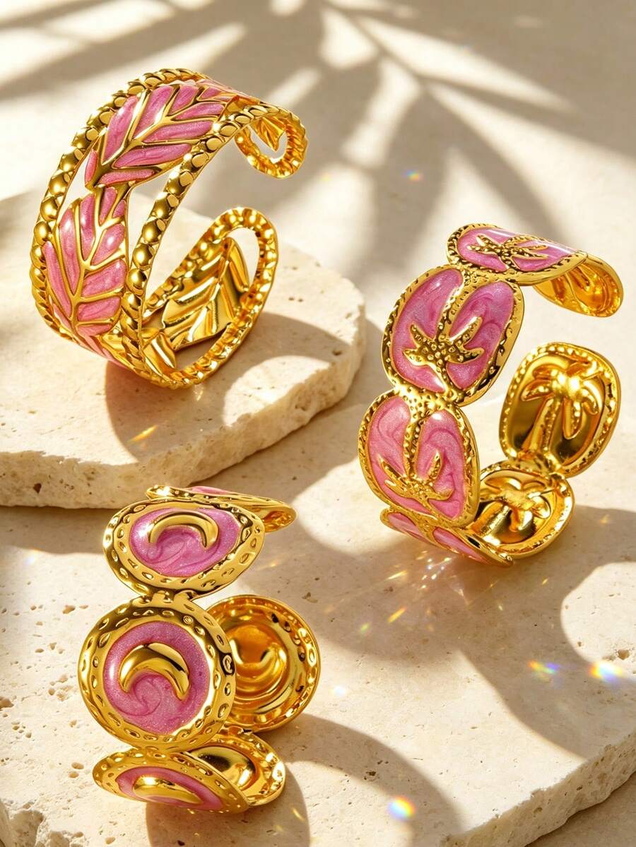 VceTd 1 Set Gentle Style Enamel Craft Pattern Design Stainless Steel Women's Bracelet Suitable For Vacation And Travel - Yellow Gold - View 1