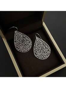 Handmade Filigree Teardrop Dangling Drop Earrings For Women 925 Sterling Silver Hooks, Exquisite Leaf Design, Gift - Silver - View 3