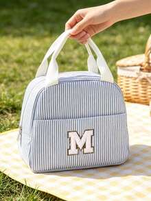 Striped Lunch Bag, Initial Pattern, Insulated Lunch Bag, Handheld Lunch Bag, Multi-Functional Insulated Bag, Office Lunch Bag, Picnic Bag, Lightweight Handbag, Suitable For School, Office, Picnic, Reusable, Back To School Essential, Unique Party Gift, Back To School Gift, New Job Gift, Birthday Gift - Multicolor - View 9
