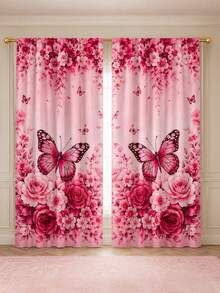 2pcs Butterfly Floral Pattern Printed Curtains, Single-Sided Printing, Semi-Sheer - Rod Pocket Curtains, Bedroom Living Room Kitchen Decor, Multiple Sizes Available, Privacy Protection, Machine Washable, Fade-Resistant Curtains, Bedroom Living Room Kitchen Decor (Rod Not Included) - Multicolor - View 1
