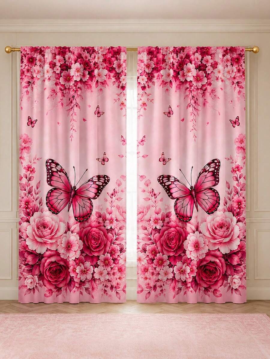 2pcs Butterfly Floral Pattern Printed Curtains, Single-Sided Printing, Semi-Sheer - Rod Pocket Curtains, Bedroom Living Room Kitchen Decor, Multiple Sizes Available, Privacy Protection, Machine Washable, Fade-Resistant Curtains, Bedroom Living Room Kitchen Decor (Rod Not Included) - Multicolor - View 1