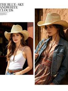 Women's Bohemian Straw Cowboy Hat, Wide Brim Woven Sun Hat, Adjustable Chin Strap Beach Hat, Suitable For Vacation, Resort, Festival And Daily Wear - Multicolor - View 9