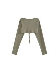 Women's Solid Color Front Tie Long Sleeve Cardigan - Army Green - View 7