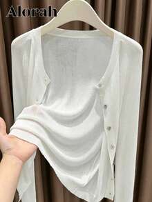 Alorah New Plus Size Elegant Casual Knit Cardigan, Solid Color Round Neck Long Sleeve Single Button Sheer Design - White - View 1