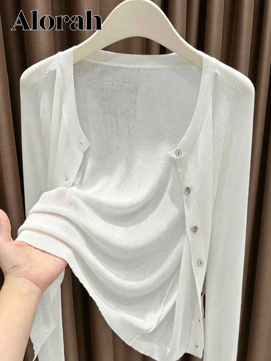 Alorah New Plus Size Elegant Casual Knit Cardigan, Solid Color Round Neck Long Sleeve Single Button Sheer Design - White - View 1