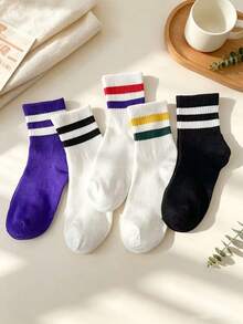 5 Pairs Unisex American Retro Double Stripe Mid-Calf Socks, Pure Cotton Vertical Stripe Socks, Street Style Couple Sports Socks - Multicolor - View 2