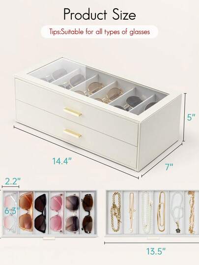 2-Layer Black PU Leather Fashion Eyewear Storage Box With Pink Cleaning Cloth, Gold Handle Drawer-Style Glasses Organizer, Unisex, Vanity Bedroom Countertop Jewelry Display Box, Perfect Gift For Christmas, Birthday, Valentine's Day