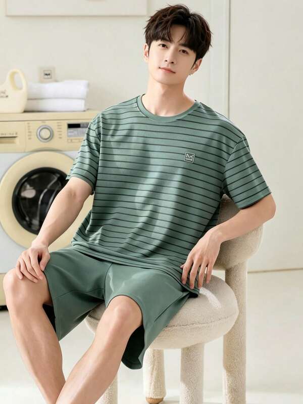 AICJ 2pcs Men's Solid Color Casual Loose Minimalist Pocket Round Neck Short Sleeve Plaid Shorts Pajama Set, Suitable For Spring & Summer, For Him