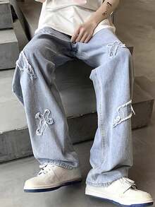 Pantalones vaqueros de mezclilla azul claro con parche bordado de relámpago desgastado para adolescentes chicos - Lavado ligero - Ver 5