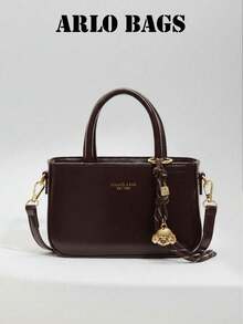 Women's Solid Handbag, Gold Letter Print Front With Braided Rope Dog Ornament Accessory, Lightweight Carry Bag For Cafe Shopping Weekend Strolls - Brown - View 5