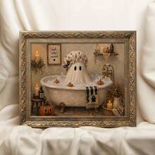 1pc Bathtub Ghost Painting: Vintage Halloween Bathroom Wall Decor, Cute Ghost Soaking In Bubble Bath Surrounded By Small Pumpkins, Canvas Wall Art, Suitable For Home, Dorm, Living Room Decoration, Birthday And Graduation Gift Halloween Decor Halloween Gift All Saints' Day Decor All Saints' Day Gift - A - View 9