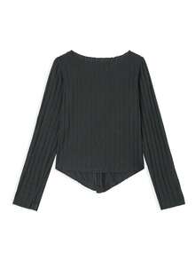 Slim Fit Asymmetrical Pleated Collar Short Base Layer Top, Spring/Autumn - Dark Grey - View 5