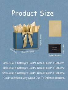 12/8/4pcs Gift Bag Set, Includes 1 Gift Bag, 2 Sheets Of Tissue Paper, 1 Card And 1 Ribbon, Shopping Bag, Packaging Bag With Handle, Decorative Bow Handbag, Suitable For Wedding, Birthday Party, Holiday, Business, Handmade, Retail - Gold Frame With Blue Background - View 9