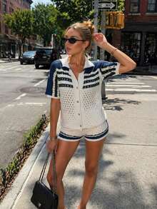 2026 New Striped Colorblock Cardigan Sweater Women's Summer New Hollow Out Breathable Short Sleeve Top Set - Multicolor - View 9