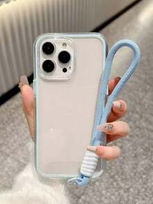 1件透明淺藍色邊框手機殼附手腕掛繩，適用於 iPhone 18 17、17 Pro Max、17 Air、17、16 Pro Max、16 Pro、16 Plus、16、15 Pro Max、15 Pro、15 Plus、12 Pro Max、12 Pro、12/11，適合女生，可作為禮物送給親友、同學、好朋友 - 淺藍色 - 查看 2