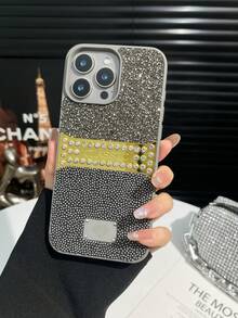 1pc Black Rhinestone + Seed Bead Solid Color Anti-Drop Spray Painted Phone Case Suitable For 17promax/18pro - Grey - View 5