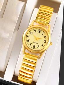 6Pcs Set | Casual Stretch Band Watch + Teardrop Jewelry | Perfect Gift For BFF & Girlfriend - Gold - View 2