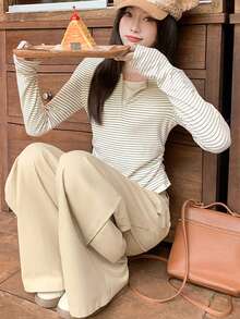 Kaos Lengan Panjang Leher Persegi Bergaris Gaya Korea 2 in 1 untuk Wanita, Cocok untuk Awal Musim Semi, Ukuran Mungil, Potongan Ramping, Lapisan Dalam, Atasan Pendek Kasual - Aprikot - View 6