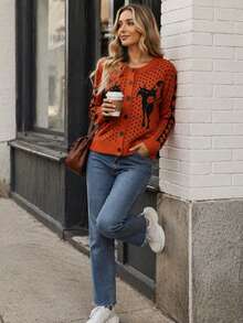 2026 Autumn/Winter Women's New Halloween Round Neck Coffee Color Long Sleeve Star & Cat Pattern Knit Cardigan - Burnt Orange - View 4