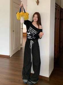 Vintage Polka Dot Drawstring Loose Straight Leg Jeans, Casual Summer Palazzo Pants Black Fall - Black - View 3
