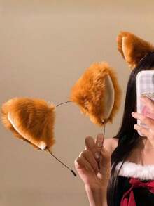 1pc Cute Brown Fox Ear Plush Headband For Women, Face Washing, Makeup, Photo Prop Hair Accessory - Multicolor - View 6
