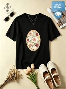 ROSE OVAL Vintage Celestial Floral Frame Print Cotton Graphic T-Shirt For Photo Shoot Cottagecore Fashion - 黑色 - 查看 1