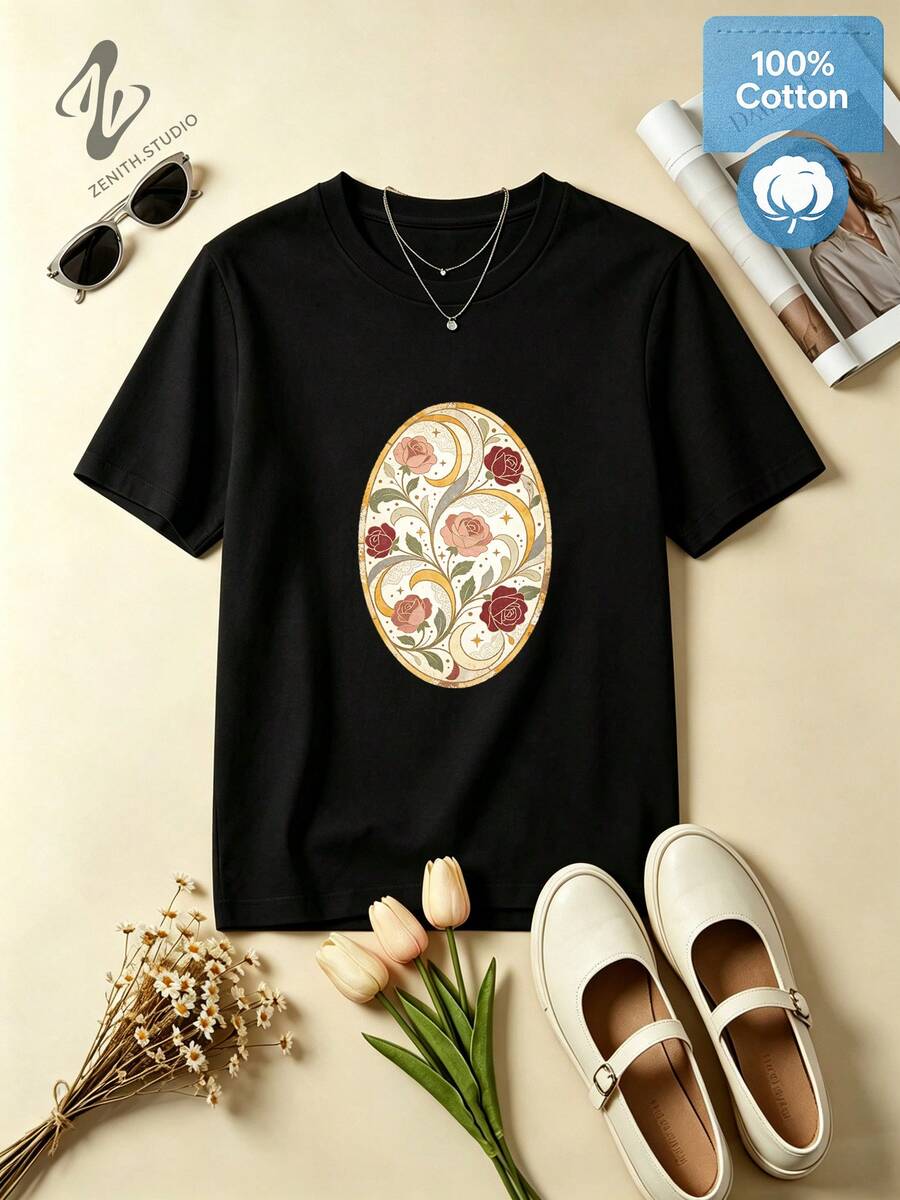 ROSE OVAL Vintage Celestial Floral Frame Print Cotton Graphic T-Shirt For Photo Shoot Cottagecore Fashion - 黑色 - 查看 1