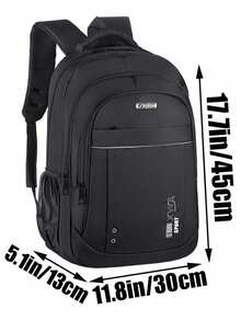 Waterproof Oxford Sport Print Backpack Multi Compartment Side Mesh Pocket Padded Adjustable Straps Large Capacity School Travel Rucksack Unisex - Black - View 3