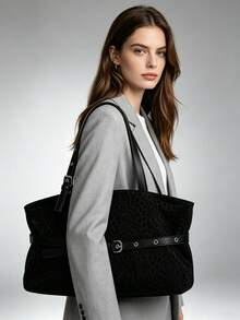 Vintage Black Leopard Print Underarm Tote Bag For Women, Adjustable Shoulder Strap, Leather Belt Decoration, Large Capacity, Commuter Shoulder Bag, Minimalist Versatile Daily Handbag, Suitable For Shopping, Wallet, Young Women, College Students, Newcomers, White-Collar Workers. Perfect For Office, University, Work, Business, Commute, Outdoor Activities, Travel And Outings - Black - View 7