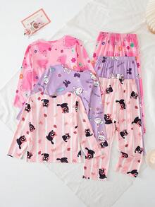 3 Sets Girls Long Sleeve Long Pants Pajamas Cartoon Cute Print Spring Autumn Home Wear All-Over Print Set - Multicolor - View 3