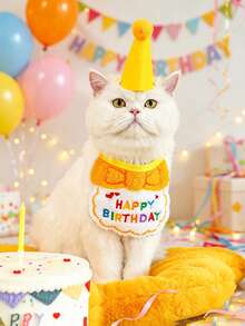 2pcs Cute Pet Birthday Party Set, Embroidered Bib And Adjustable Pom Pom Cone Hat, Pet Photography Props Accessories, Suitable For Small And Medium Cats And Dogs, 6 Colors Available, Cat And Dog Birthday Decoration Supplies - Multicolor - View 8