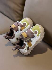 1 Pair Vintage Colorblock Baby Casual Shoes, Hook And Loop Anti-Collision Toe Cap Soft Sole Walking Sports Shoes - Khaki - View 4
