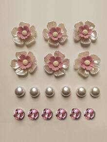 18pcs Pink Five-Petal Flower, Crystal Rhinestone, Pearl DIY Shoe Charms Set, Suitable For Clogs, Beach Shoes, Sandals - Multicolor - View 2