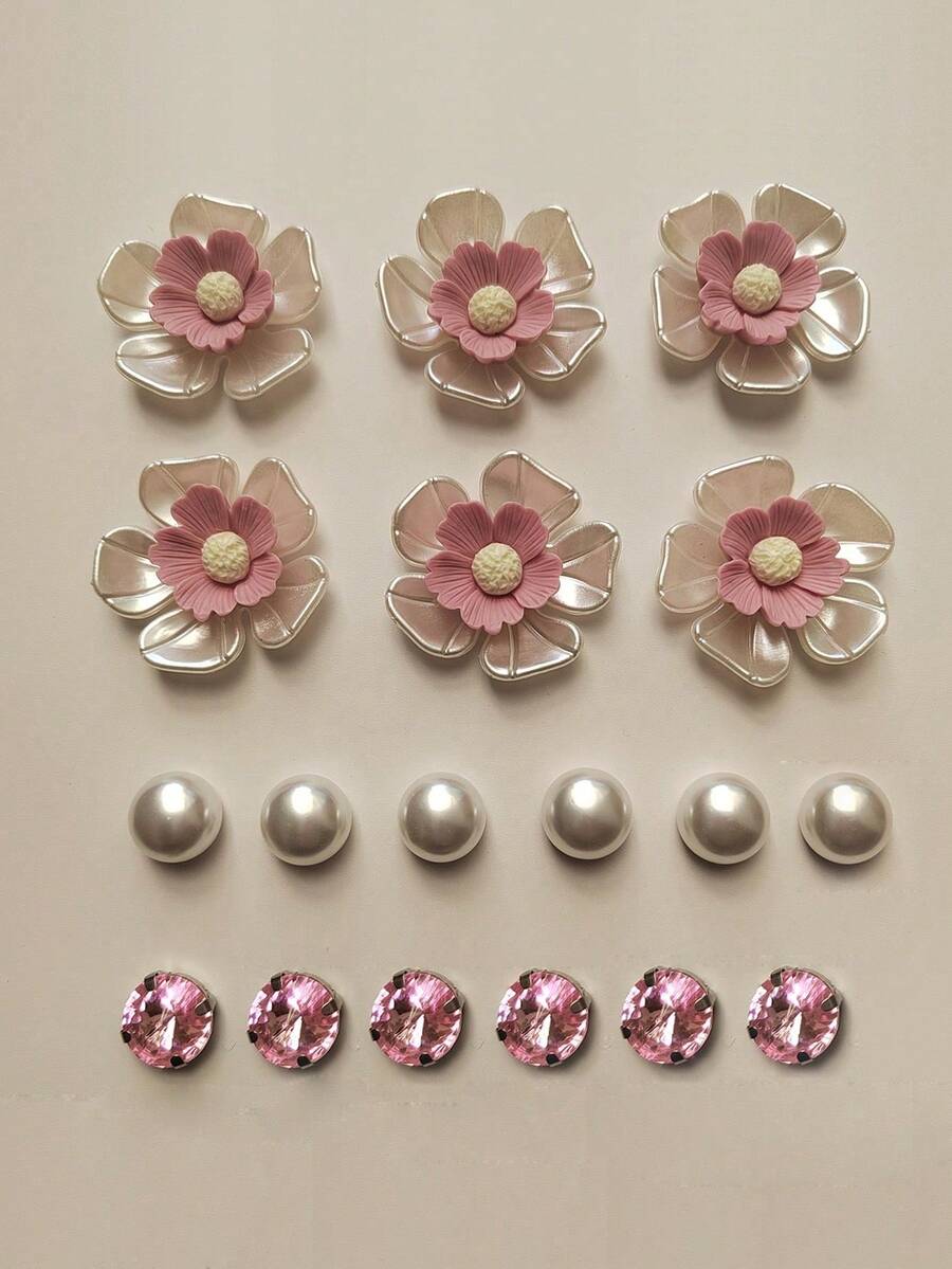 18pcs Pink Five-Petal Flower, Crystal Rhinestone, Pearl DIY Shoe Charms Set, Suitable For Clogs, Beach Shoes, Sandals