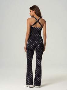 UONNOU 2Pcs Polka Dot Square Neck Cross Back Cami & Cross Waist Flare Pants Active Matching Set - Black - View 9