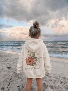 1pc Tween Girls Hooded Sweatshirt, Back Holiday Style Print Top, Hibiscus Flower Sea Turtle Star Pattern Loose Fit Pullover Sweatshirt, Healing Artistic Casual Everyday Wear - Apricot - View 2