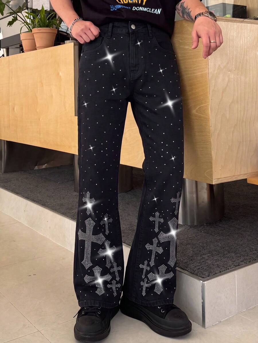 1pc Elastic Slim Fit Denim Jeans With Multi-Craft Rhinestone Design, Fashion Street Style, Suitable For All Seasons - Black - View 1