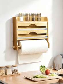 Wall Mount Bamboo Plastic Wrap Dispenser With Paper Towel Holder, Kitchen Storage Bamboo Wrap Dispenser,Kitchen Storage Rack,Aluminum Foil Storage Organizer, Kitchen Spice Rack Organiser,Home Organisation Accessory - View 4