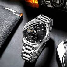 1pc Men's Waterproof Luminous Mechanical Watch, Hollow Tourbillon Dial, Fashion Business Style, Suitable For Christmas, Back To School, Father's Day, Student Gift - Black - View 2