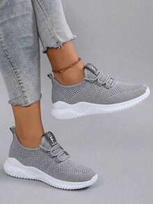 Women's Breathable Knit Slip-On Shoes - Wide-Fit Casual Sneakers, Soft EVA/PVC Composite Sole, Suitable For All Seasons, Jogging, And Daily Wear - Ash - View 4