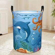 A Cartoon Ocean Animal Patterned Laundry Basket With Dolphins, Octopuses, And Seaweed Designs, Featuring Handles For Storage, Perfect For Clothes And Bedroom Decor. - Baby Blue - View 1