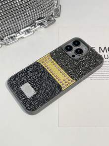 1pc Black Rhinestone + Seed Bead Solid Color Anti-Drop Spray Painted Phone Case Suitable For 17promax/18pro - Grey - View 7