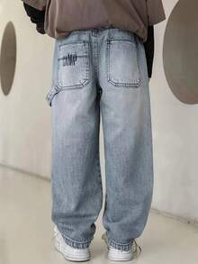 Boys' Letter Embroidered Straight Leg Denim Jeans - Blue - View 2