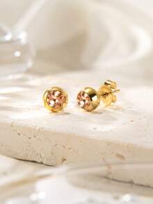 VceTd 1 Pair Mini Cute Style Colorful Glass Decorated Round Ball Stainless Steel Stud Earrings For Women, Suitable For Daily Wear - Yellow Gold - View 10