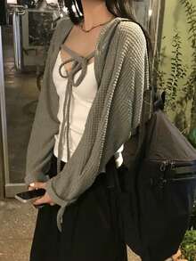 Women's Solid Color Front Tie Long Sleeve Cardigan - Army Green - View 3