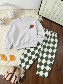 2pcs/Set Baby Boy Outfit, Round Neck Printed Cute Duck Sweatshirt With Simple Plaid Pants, Autumn/Winter Baby Set - Light Grey - View 3