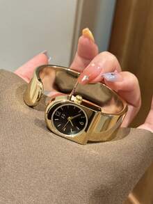 1件女款橢圓形銀黑方盤金色石英休閒手錶，適合日常佩戴 - 黑色 - 查看 3